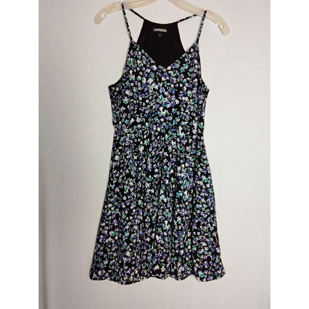 Express Floral V neck Fit Flare Dress Black Purple Blue Green Size 6 Side Zipper